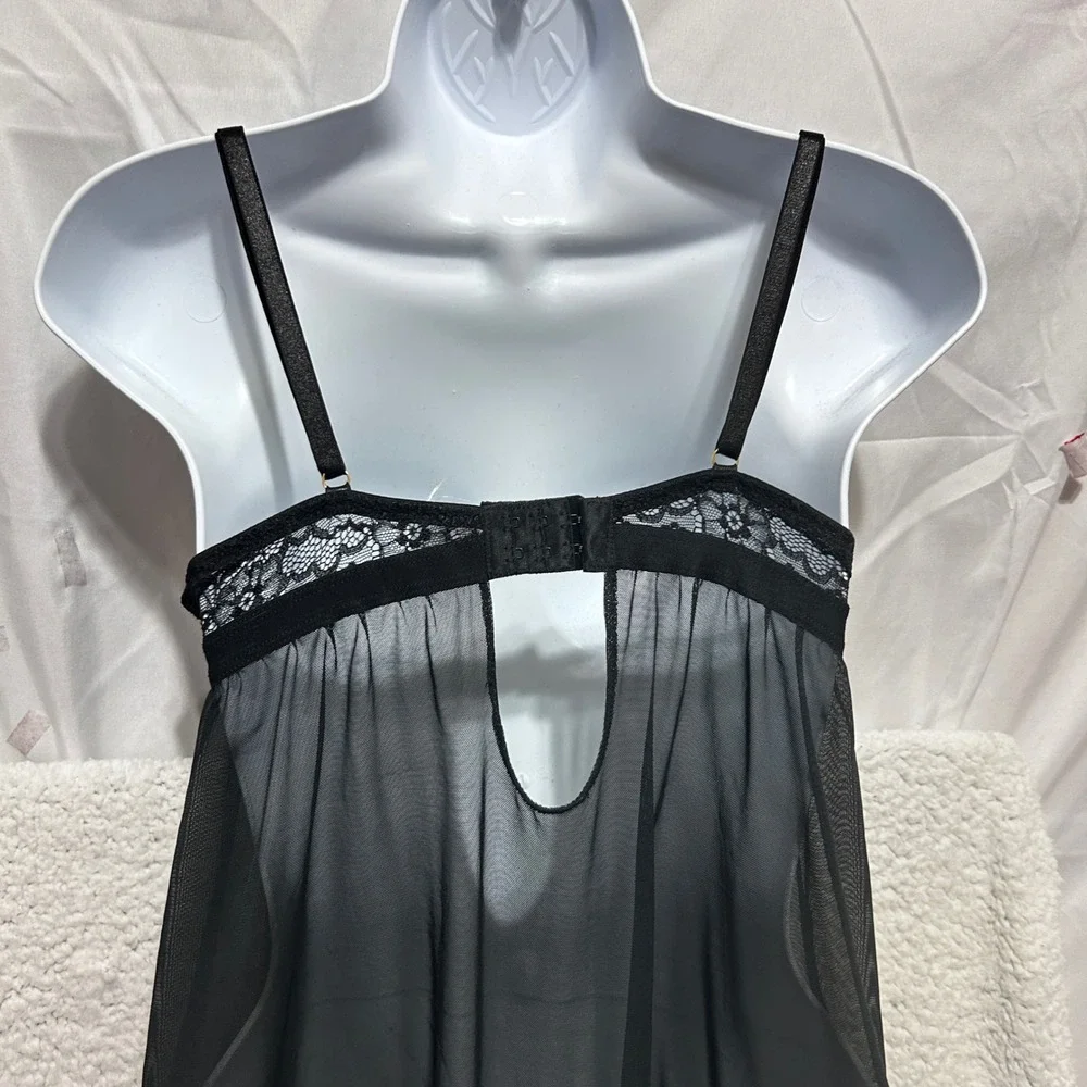 Black Sheer Mesh Babydoll Lingerie M Underwire Lace Fishnet Trim Chemise Nightie
